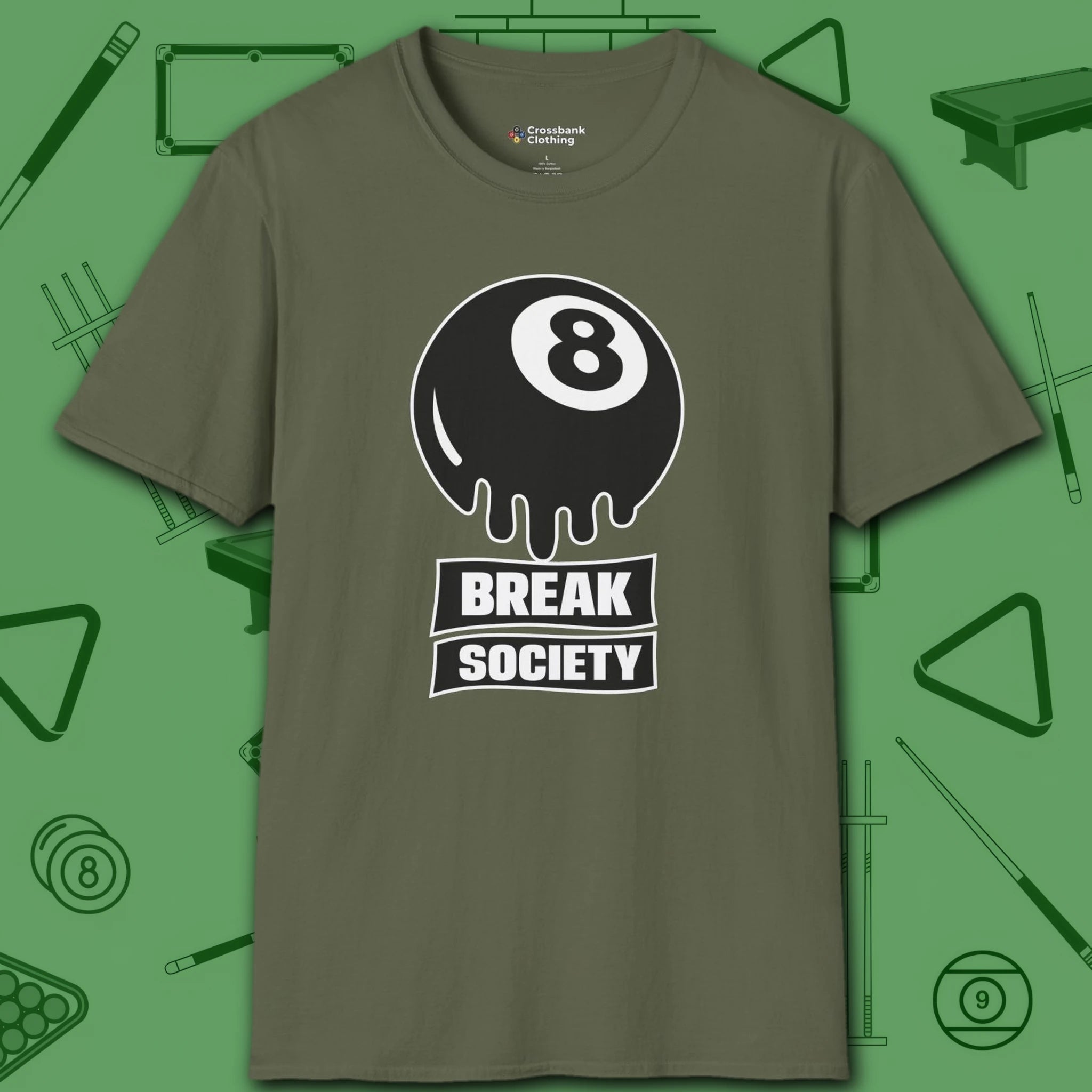 Break Society T-Shirt, in Military Green color, billiards shirt, front view
