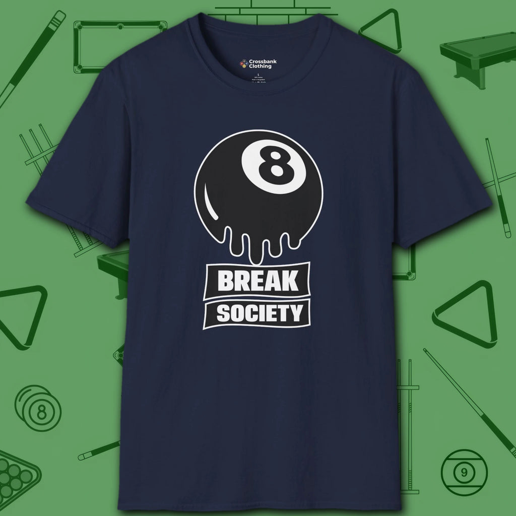 Break Society T-Shirt, in Navy color, billiards shirt, front view