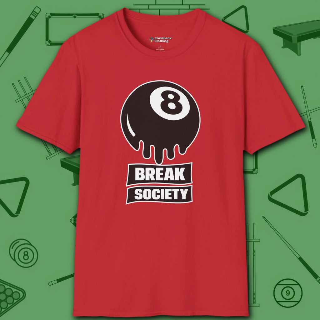 Break Society T-Shirt, in Red color, billiards shirt, front view