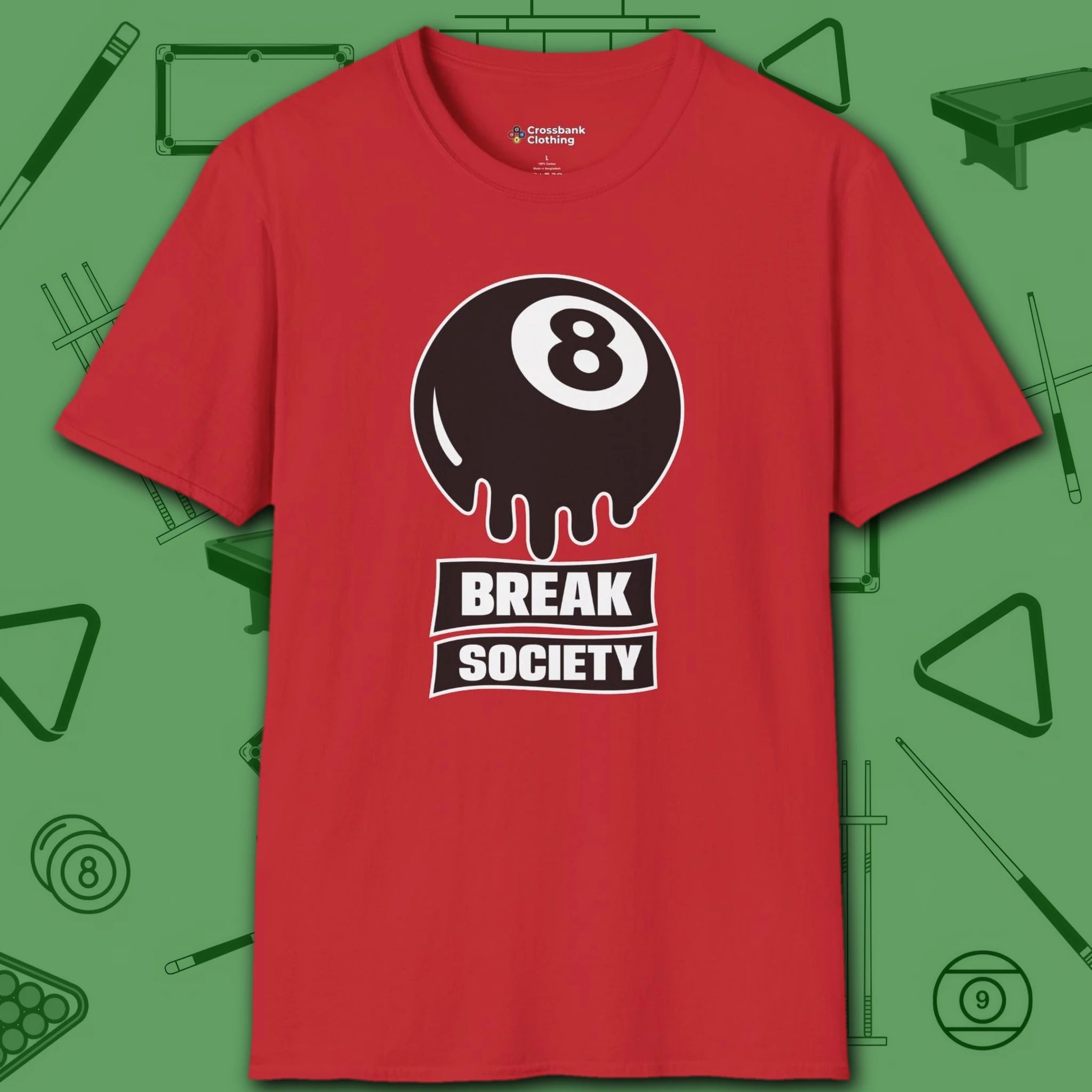 Break Society T-Shirt, in Red color, billiards shirt, front view