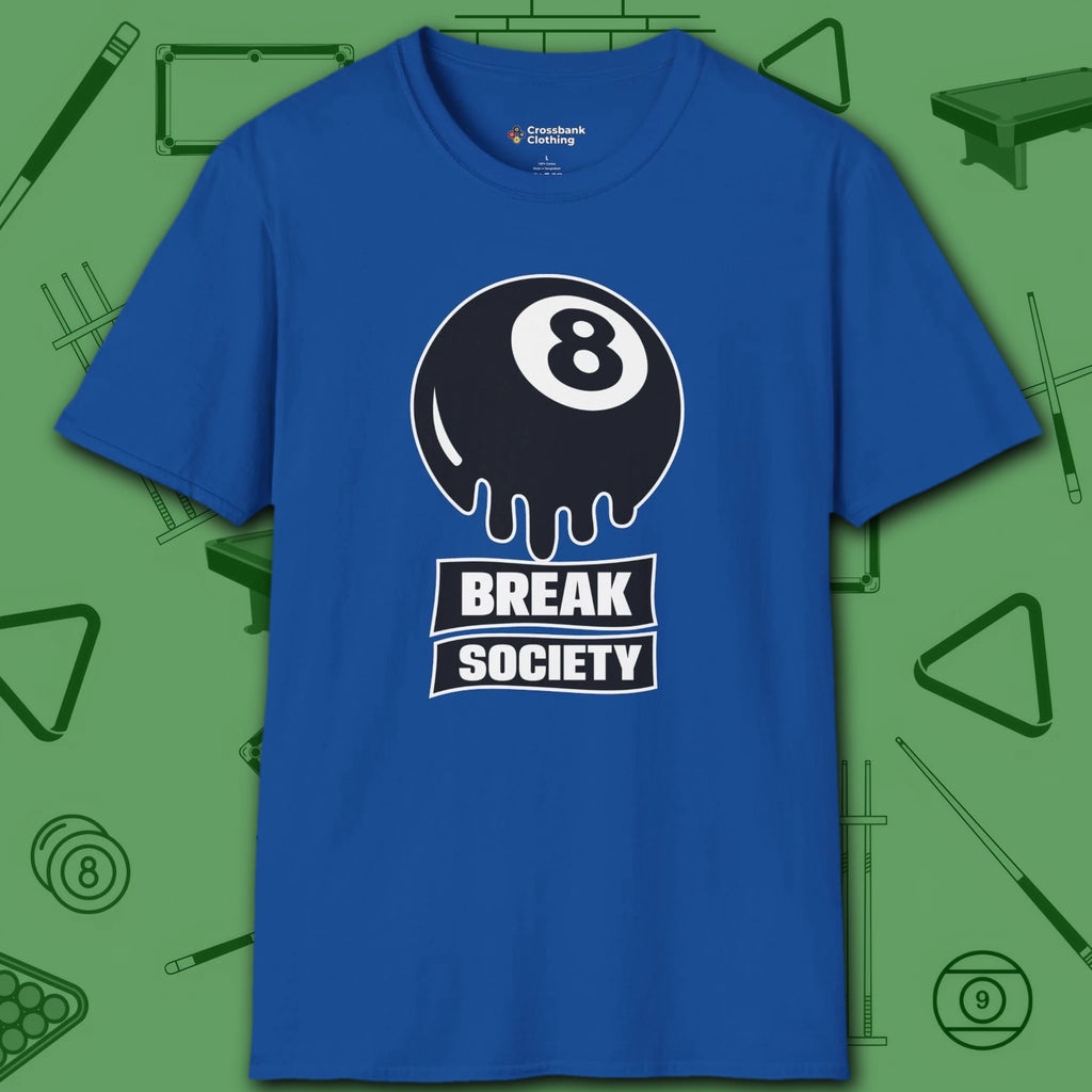 Break Society T-Shirt, in Royal color, billiards shirt, front view