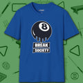 Break Society T-Shirt, in Royal color, billiards shirt, front view