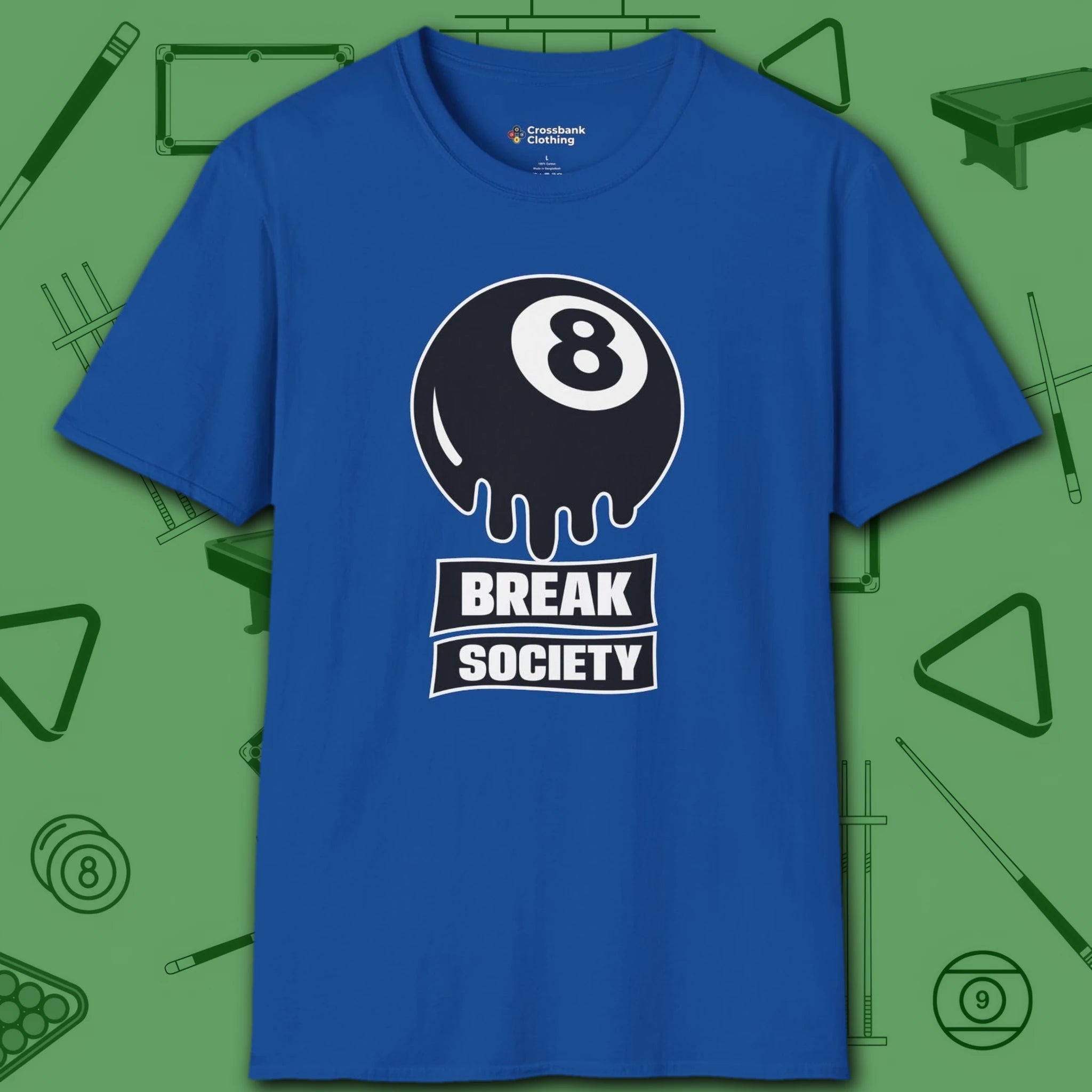 Break Society T-Shirt, in Royal color, billiards shirt, front view