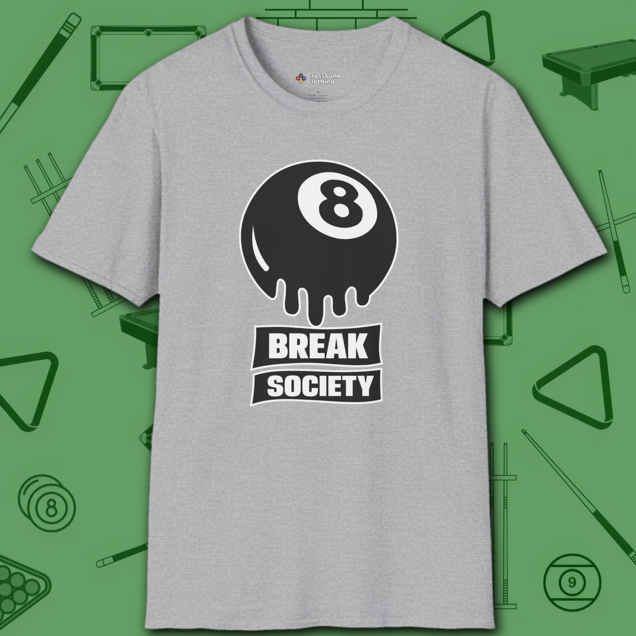 Break Society T-Shirt, in Sport Grey color, billiards shirt, front view