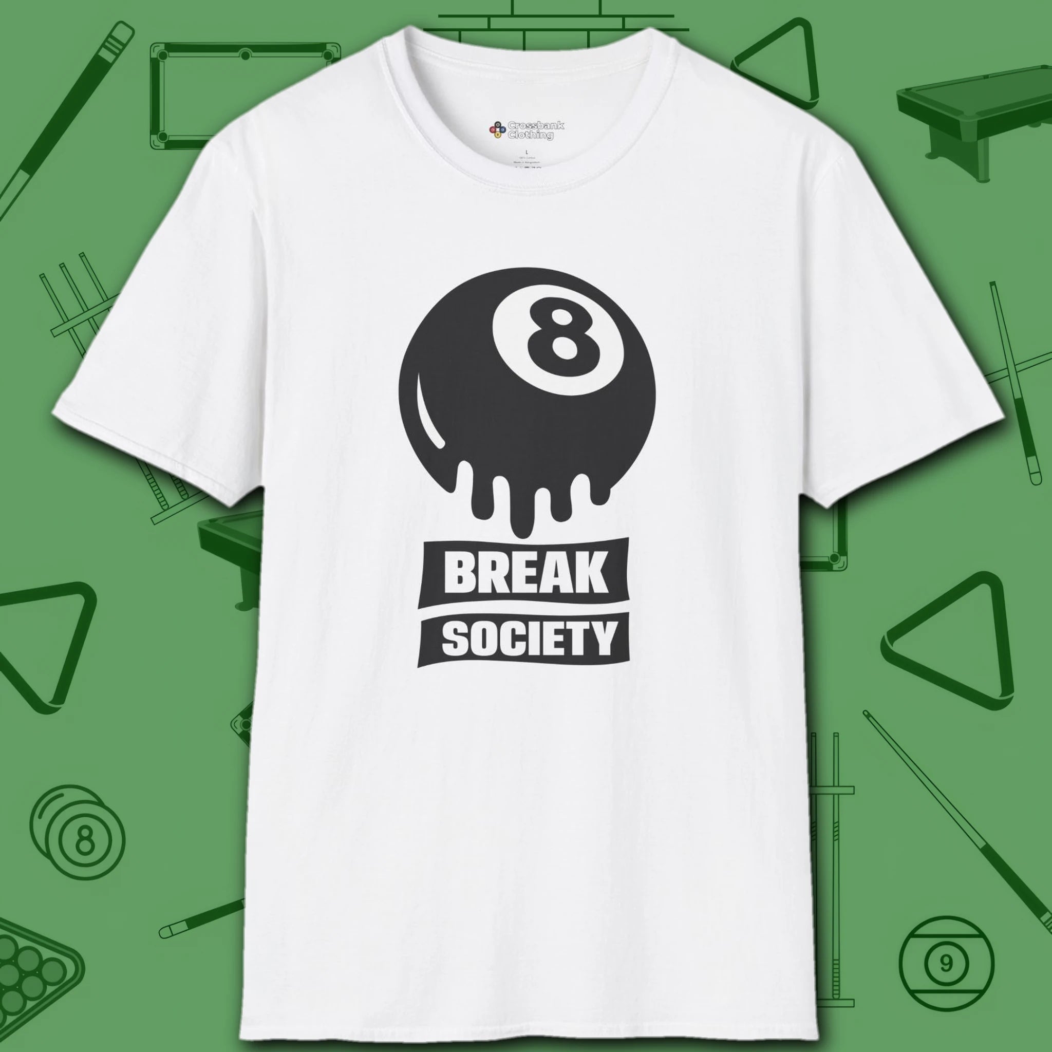 Break Society T-Shirt, in White color, billiards shirt, front view