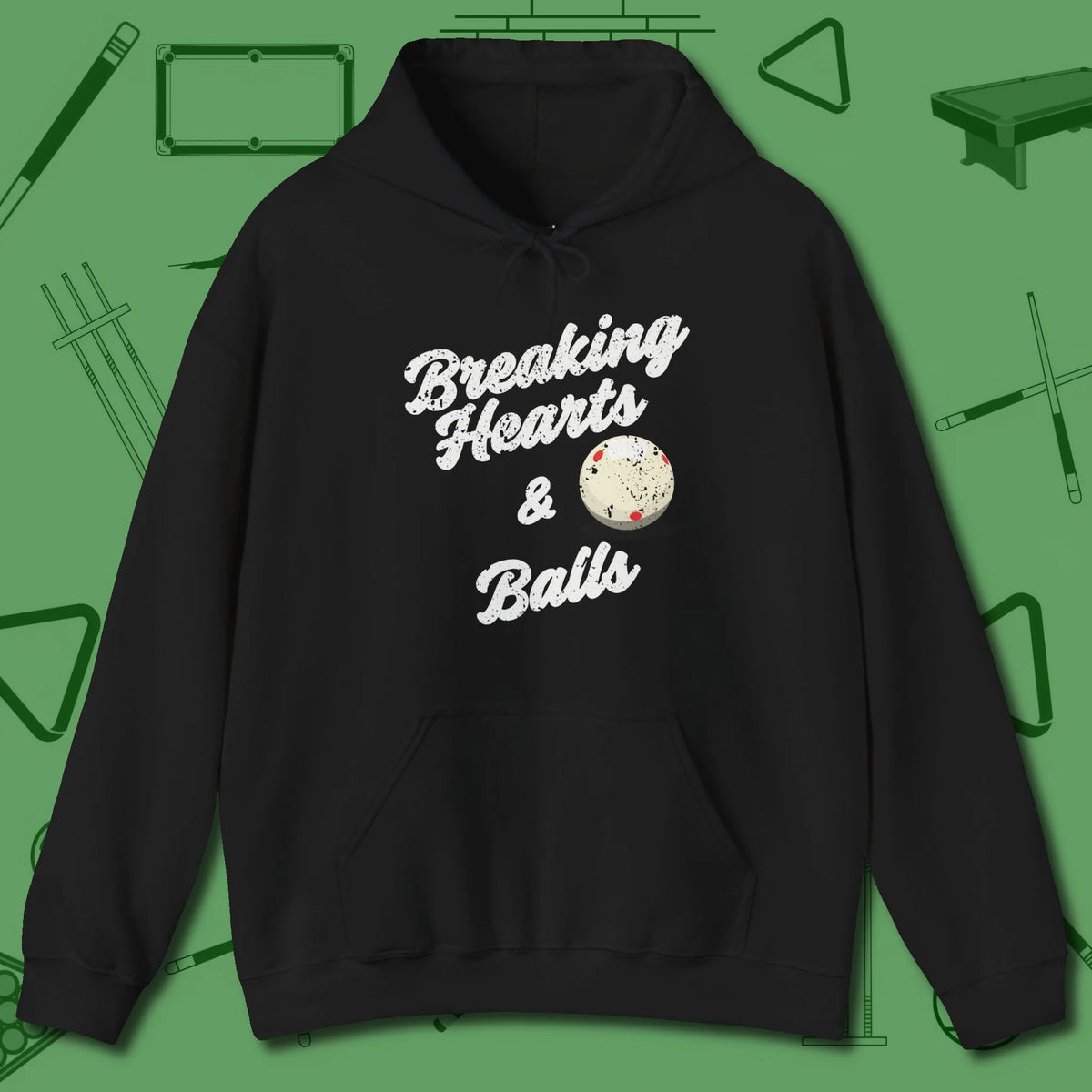 Breaking Hearts and Balls Hoodie, front view, in Black your go-to shirt for league night victories