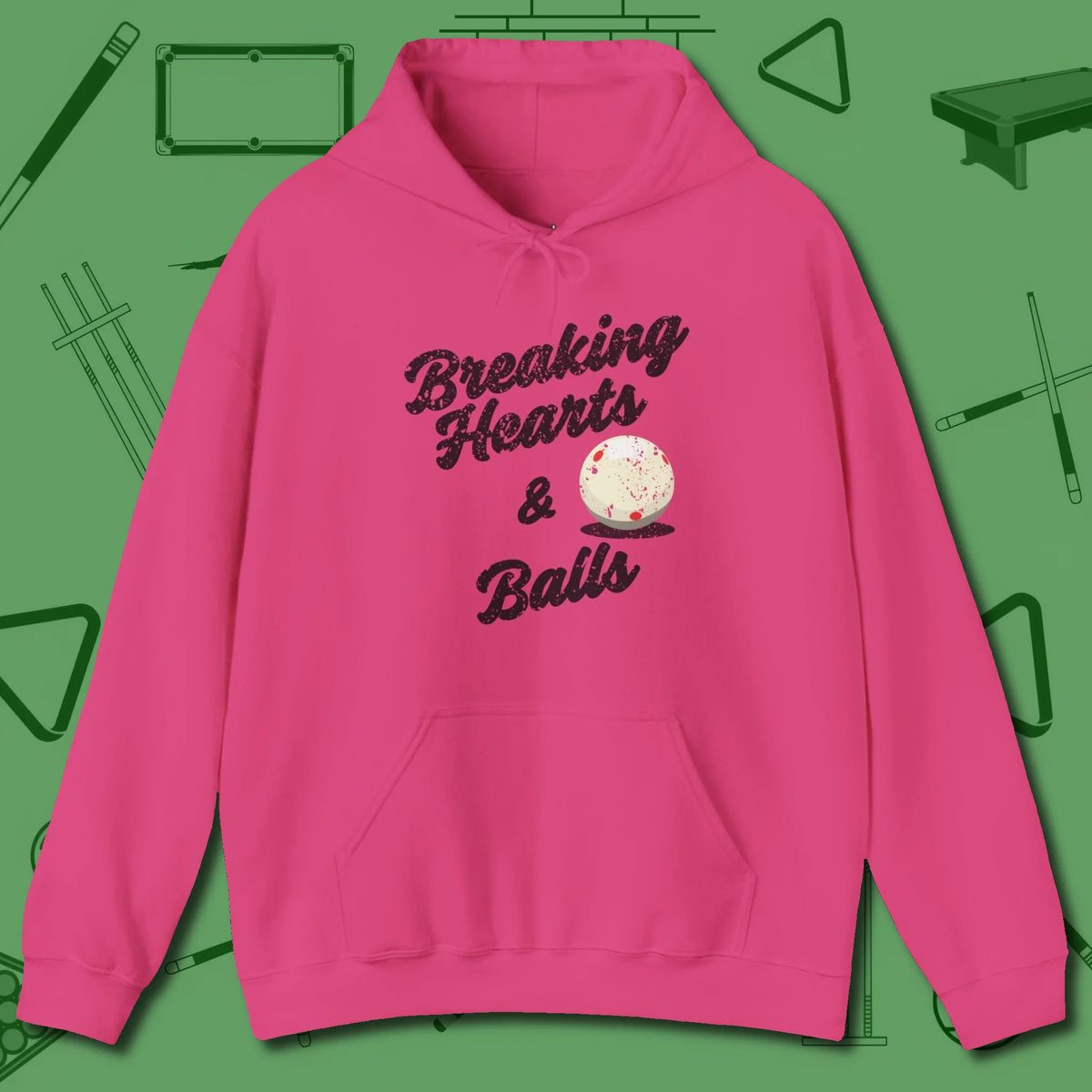 Breaking Hearts and Balls Hoodie, front view, in Heliconia helps your stroke and your style