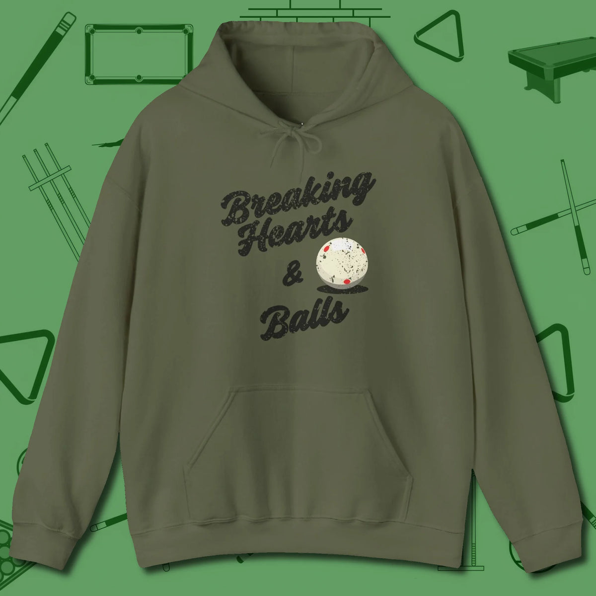 Breaking Hearts and Balls Hoodie, front view, in Military Green confidence stitched in every seam