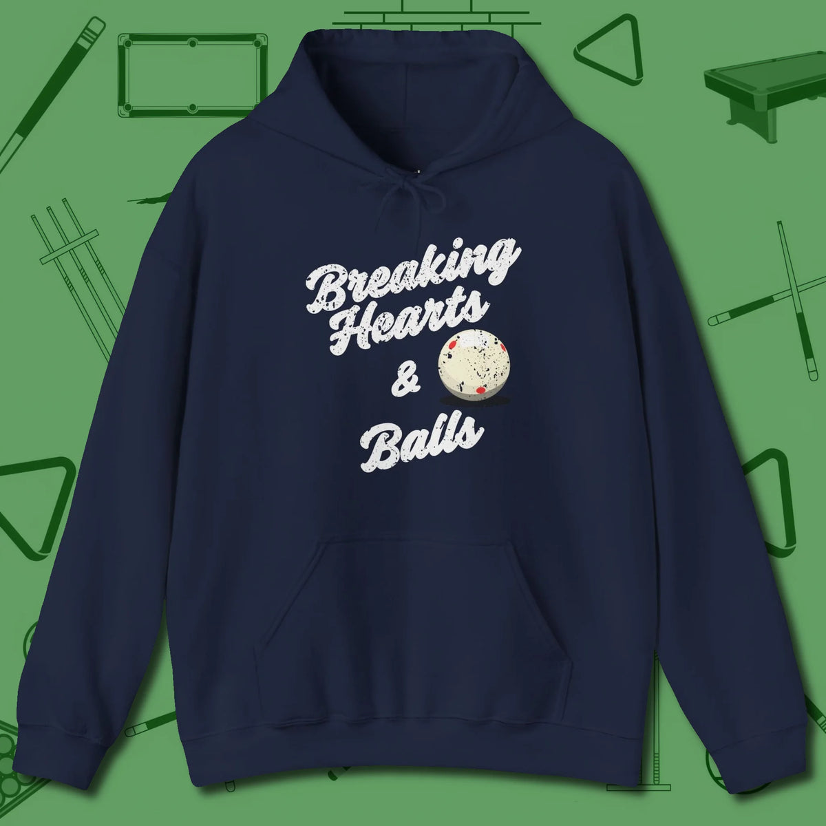 Breaking Hearts and Balls Hoodie, front view, in Navy clean lines for dirty minds