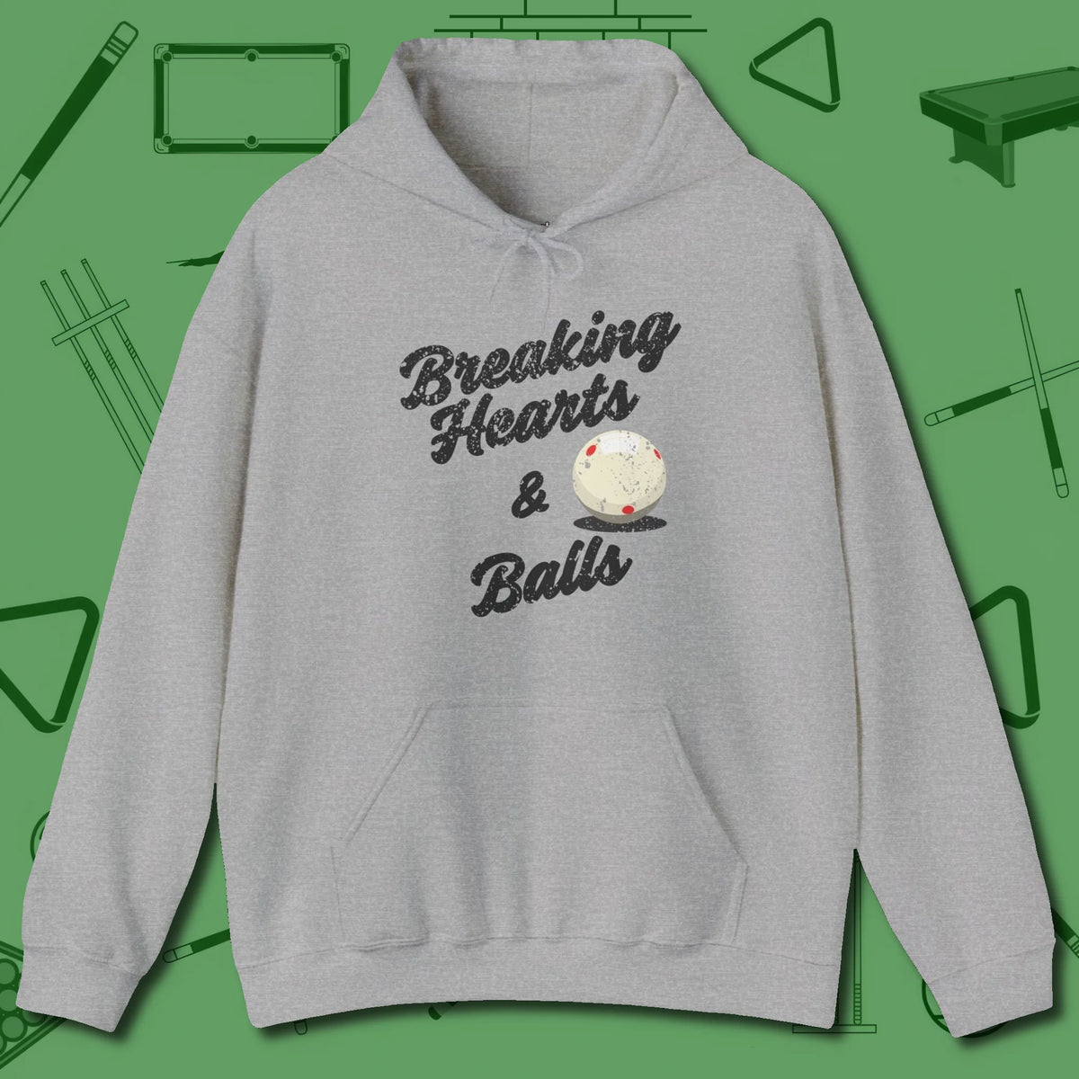 Breaking Hearts and Balls Hoodie, front view, in Sport Grey break, run out, turn heads — repeat