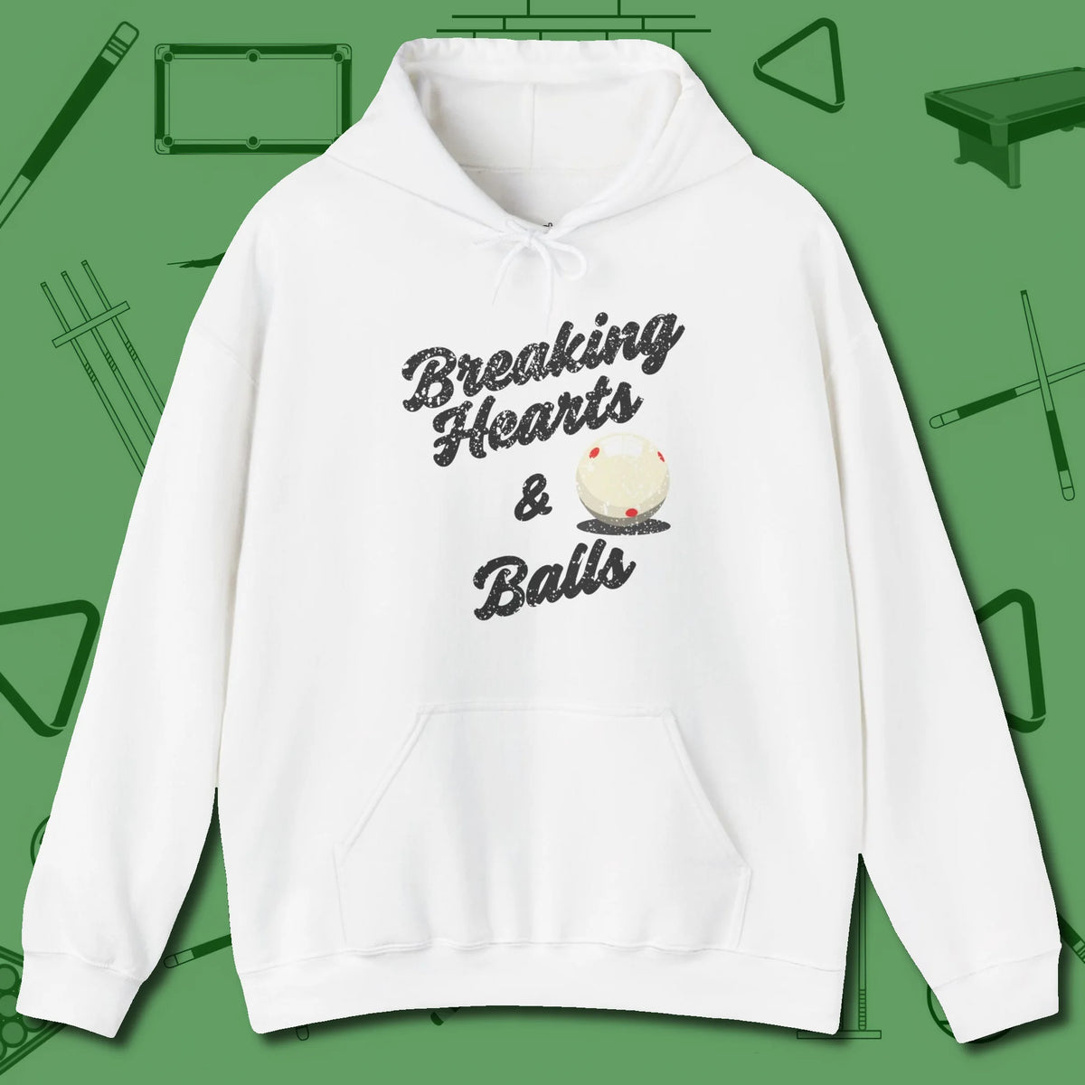 Breaking Hearts and Balls Hoodie, front view, in White your secret weapon off the table
