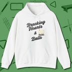 Breaking Hearts and Balls Hoodie, front view, in White your secret weapon off the table