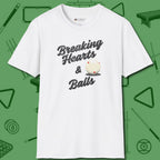 Breaking Hearts and Balls T-Shirt, front view, in White smart enough for the felt and the street