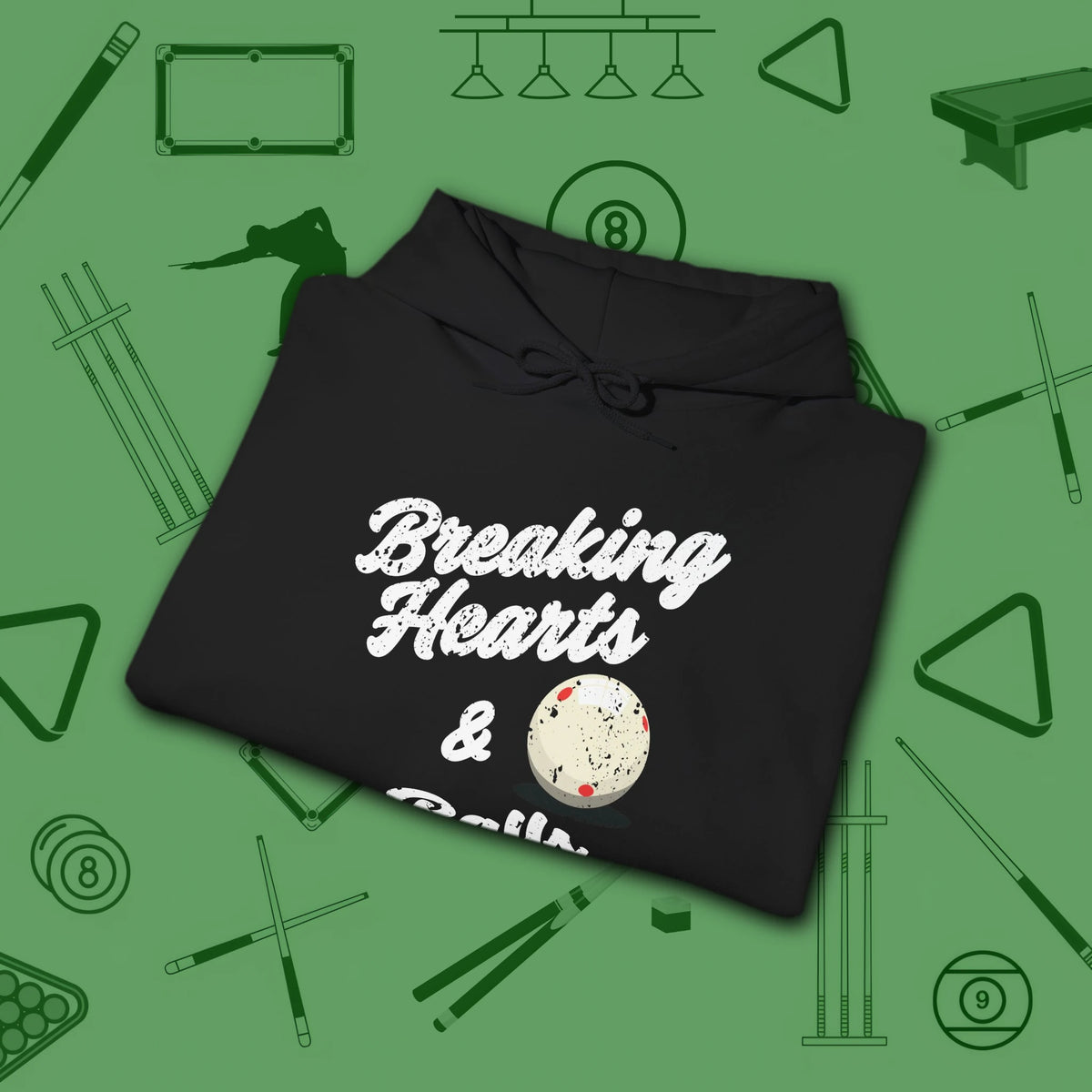 Breaking Hearts and Balls Hoodie, in Black color, billiards hoodie, folded view