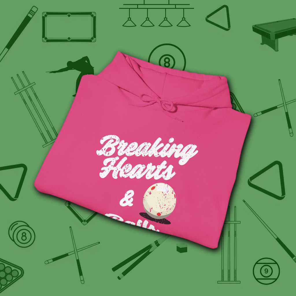 Breaking Hearts and Balls Hoodie, in Heliconia color, billiards hoodie, folded view