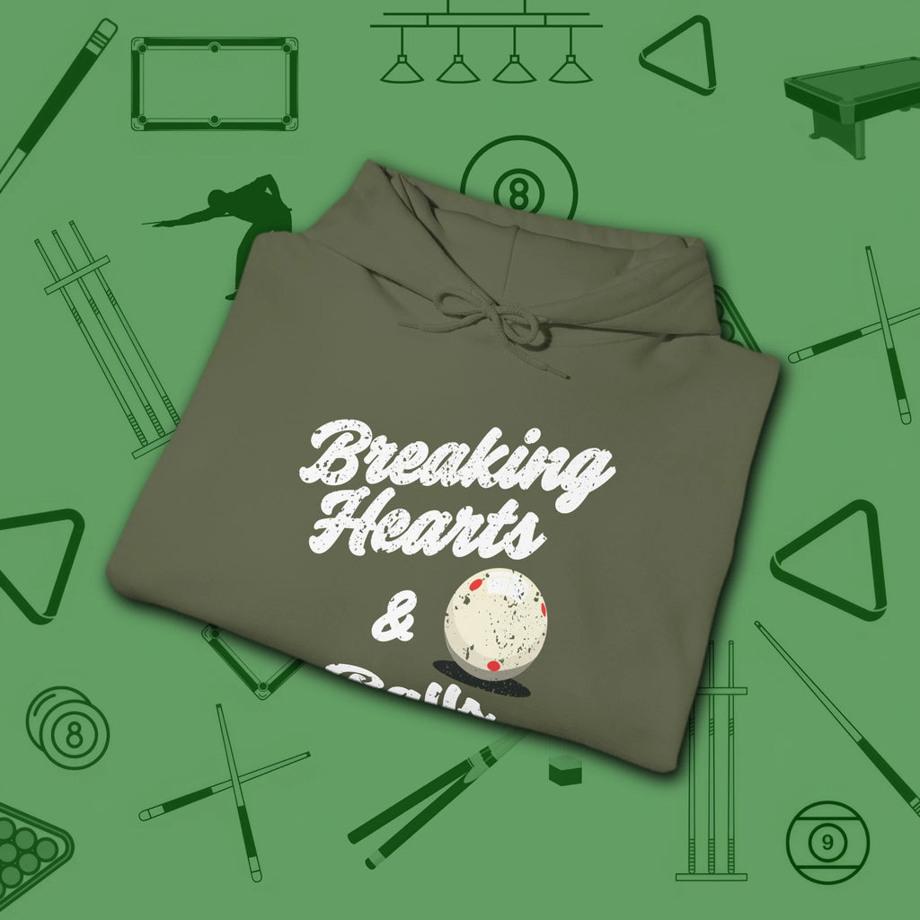Breaking Hearts and Balls Hoodie, in Military Green color, billiards hoodie, folded view