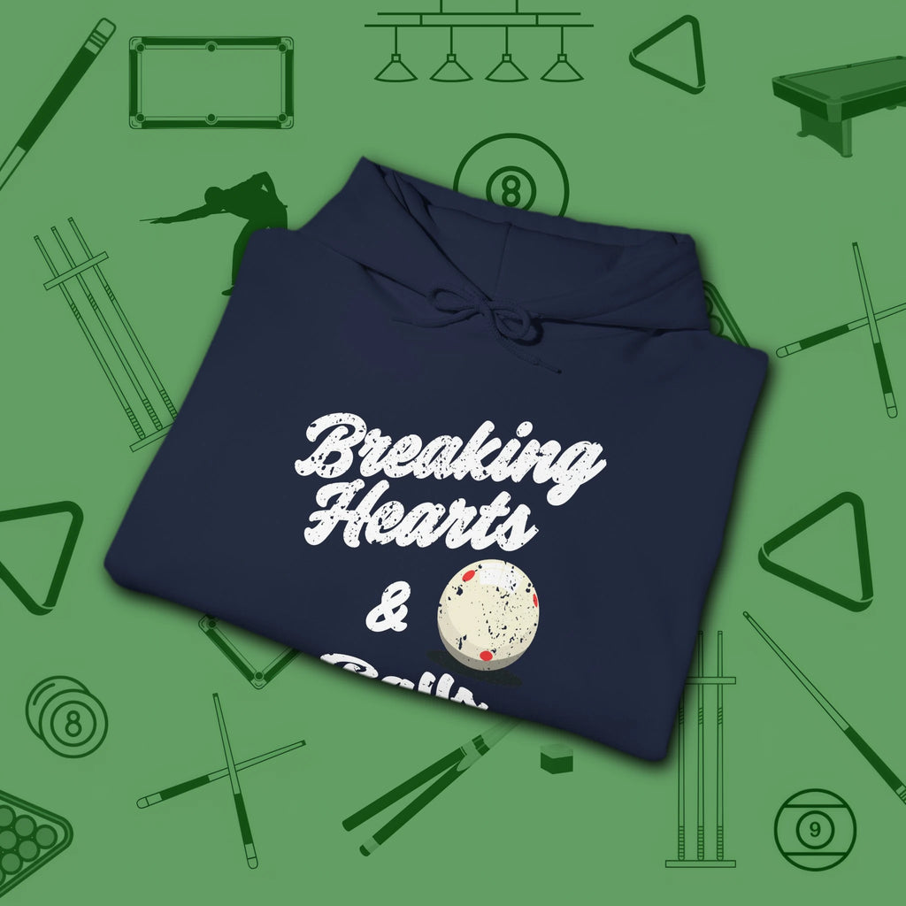 Breaking Hearts and Balls Hoodie, in Navy color, billiards hoodie, folded view