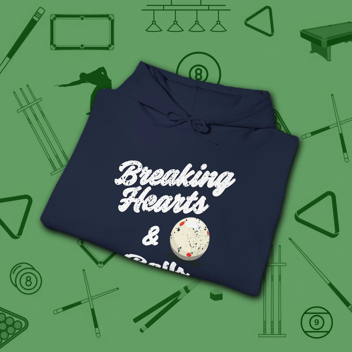 Breaking Hearts and Balls Hoodie, in Navy color, billiards hoodie, folded view