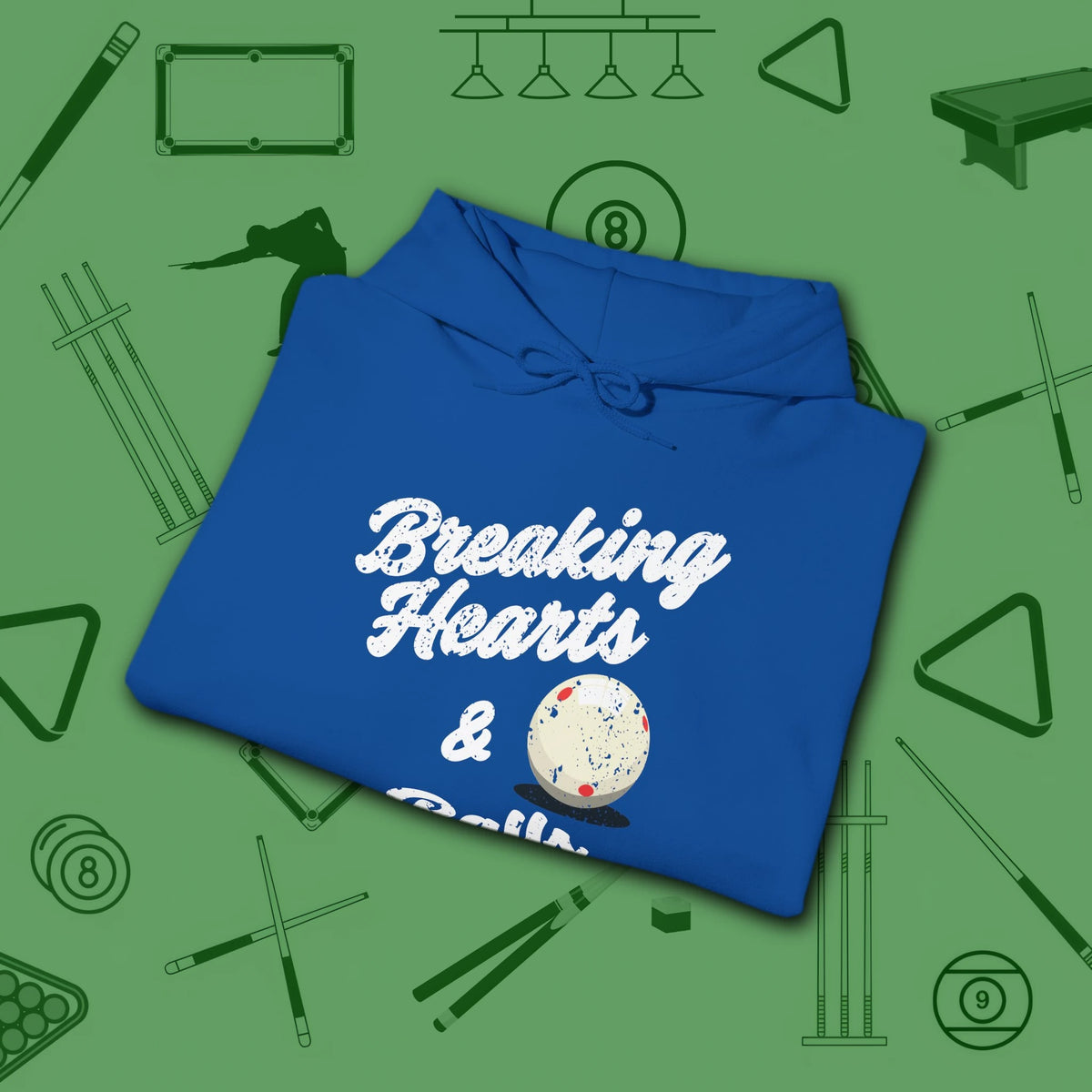Breaking Hearts and Balls Hoodie, in Royal color, billiards hoodie, folded view