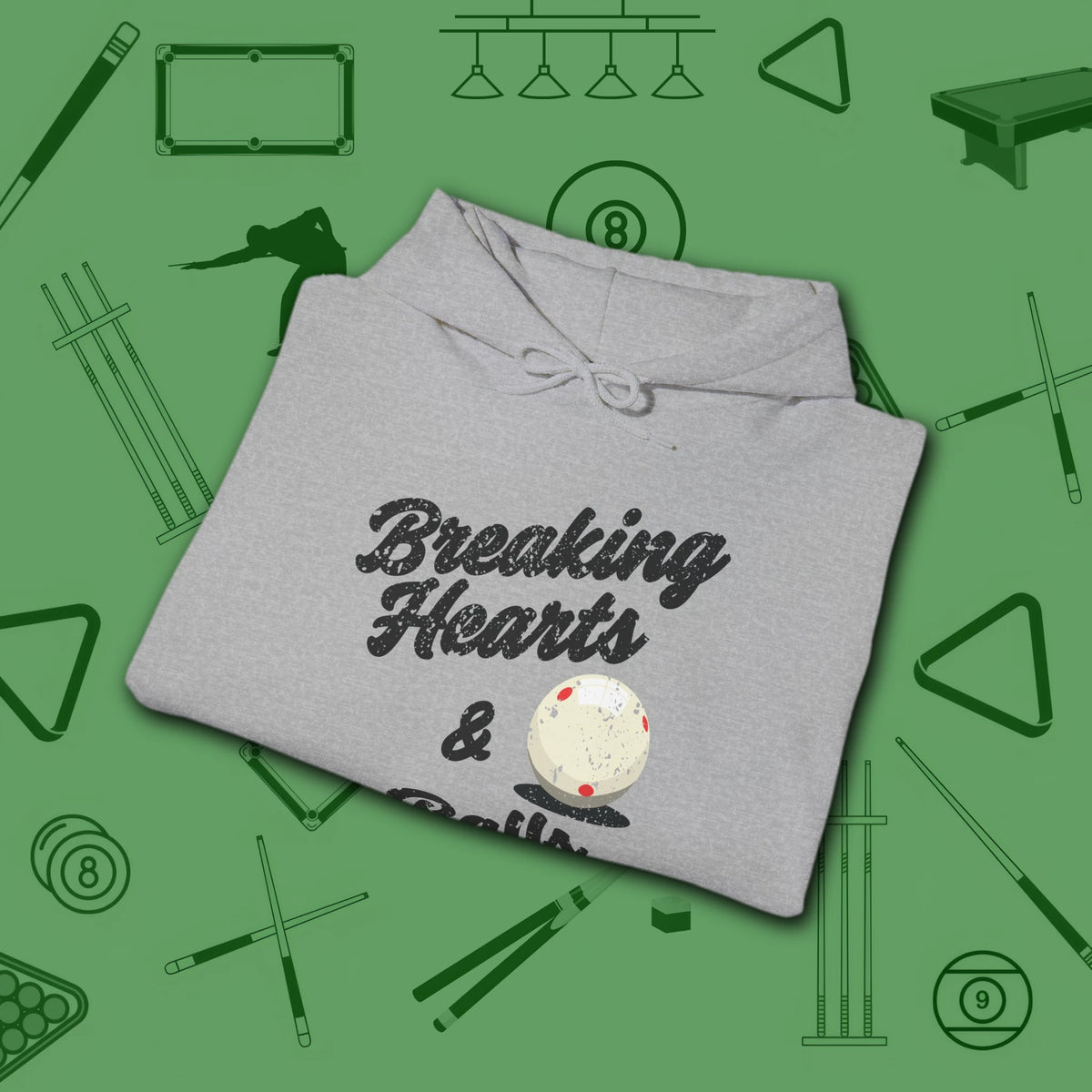 Breaking Hearts and Balls Hoodie, in Sport Grey color, billiards hoodie, folded view