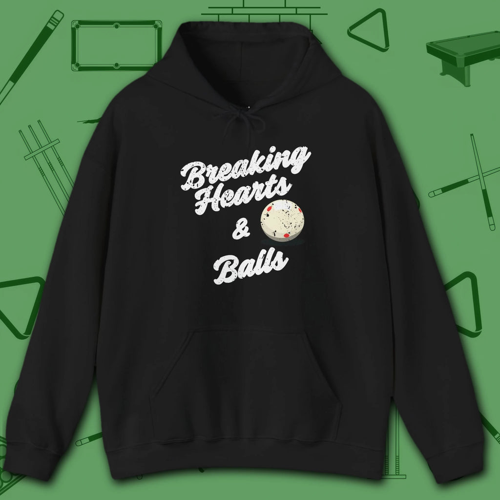 Breaking Hearts and Balls Hoodie, in Black color, billiards hoodie, front view