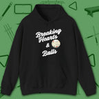 Breaking Hearts and Balls Hoodie, in Black color, billiards hoodie, front view