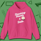 Breaking Hearts and Balls Hoodie, in Heliconia color, billiards hoodie, front view