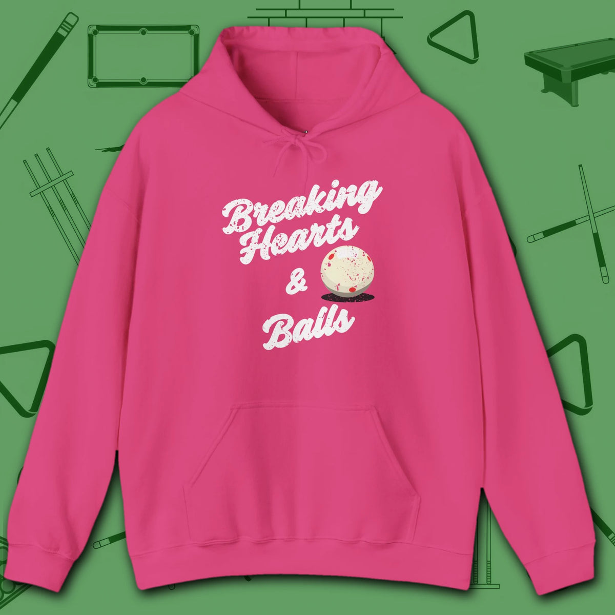 Breaking Hearts and Balls Hoodie, in Heliconia color, billiards hoodie, front view