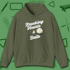 Breaking Hearts and Balls Hoodie, in Military Green color, billiards hoodie, front view