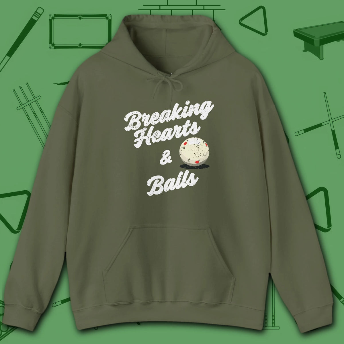 Breaking Hearts and Balls Hoodie, in Military Green color, billiards hoodie, front view