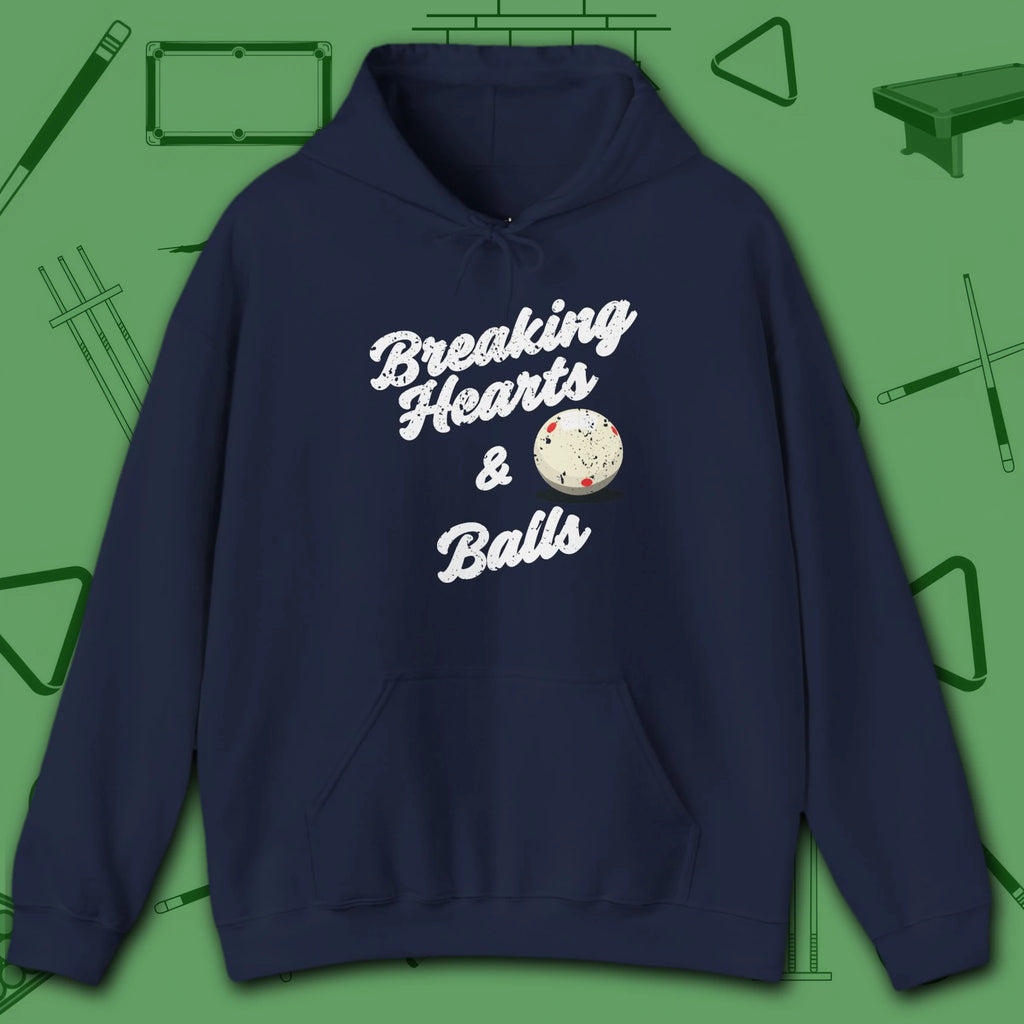 Breaking Hearts and Balls Hoodie, in Navy color, billiards hoodie, front view