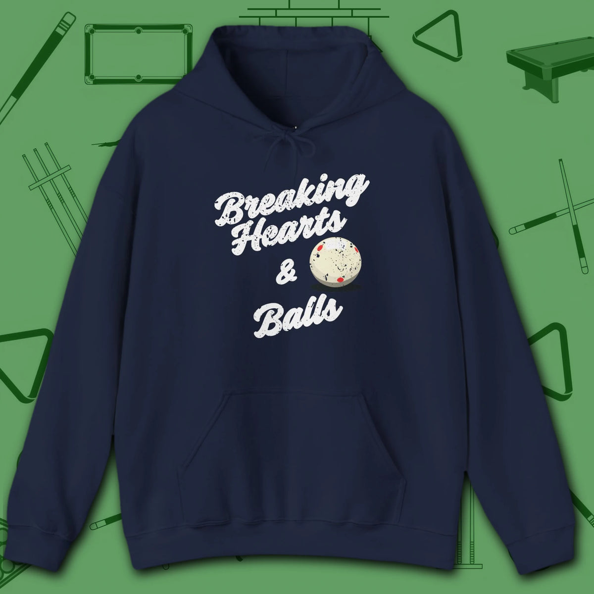 Breaking Hearts and Balls Hoodie, in Navy color, billiards hoodie, front view