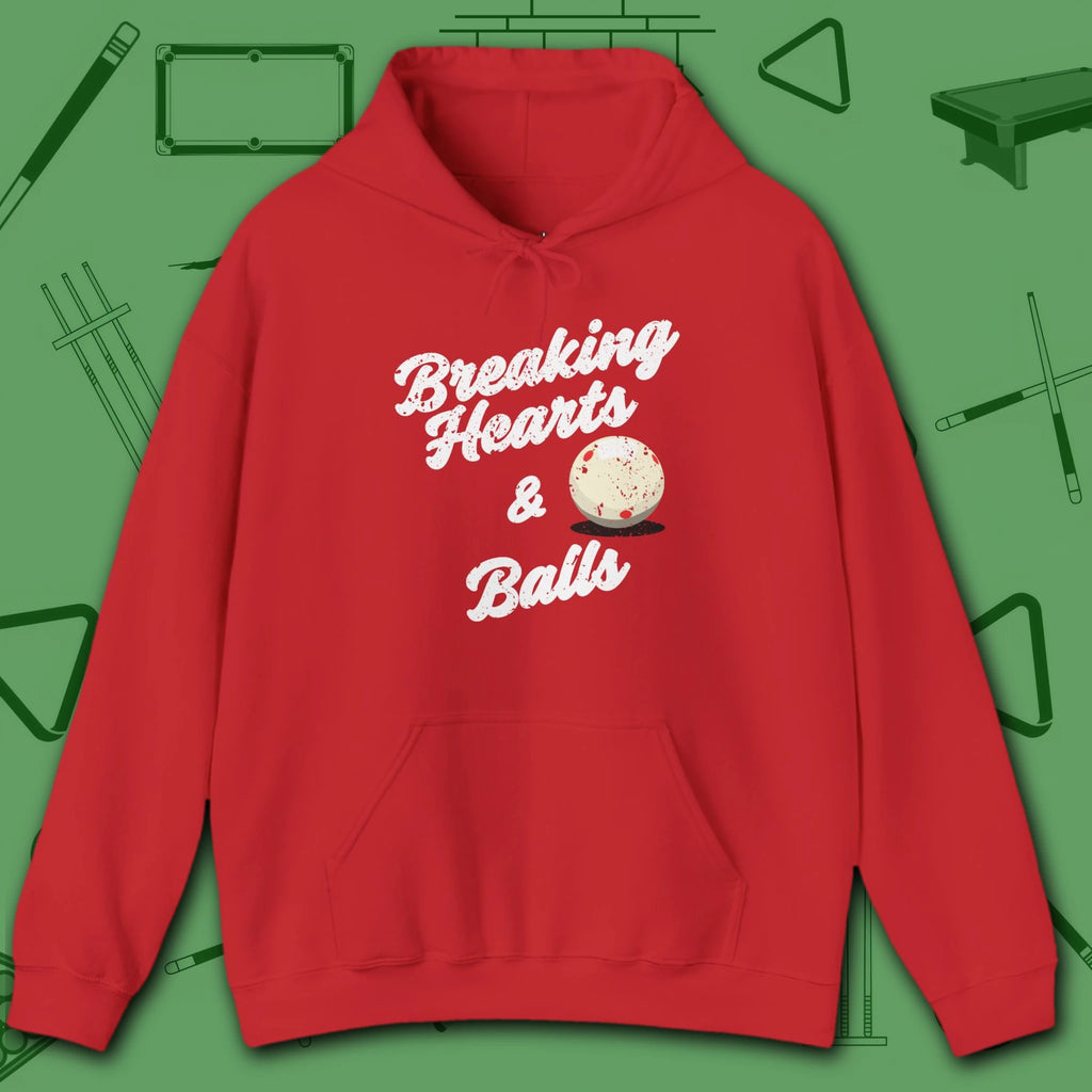 Breaking Hearts and Balls Hoodie, in Red color, billiards hoodie, front view