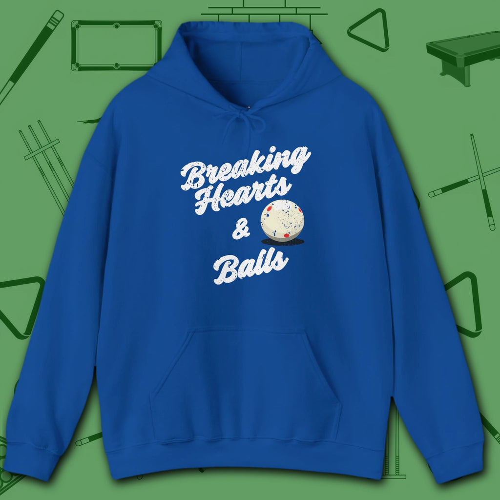 Breaking Hearts and Balls Hoodie, in Royal color, billiards hoodie, front view