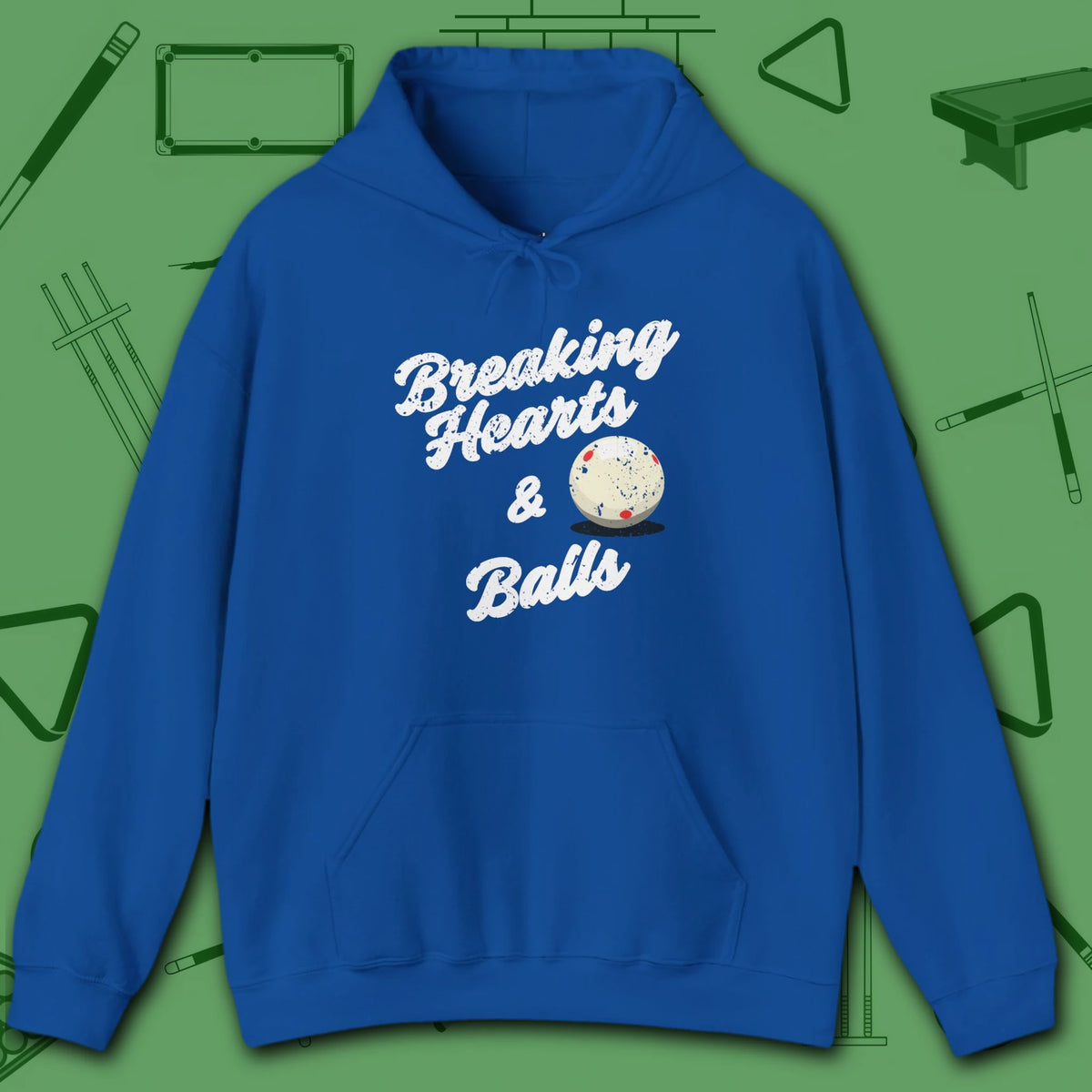 Breaking Hearts and Balls Hoodie, in Royal color, billiards hoodie, front view