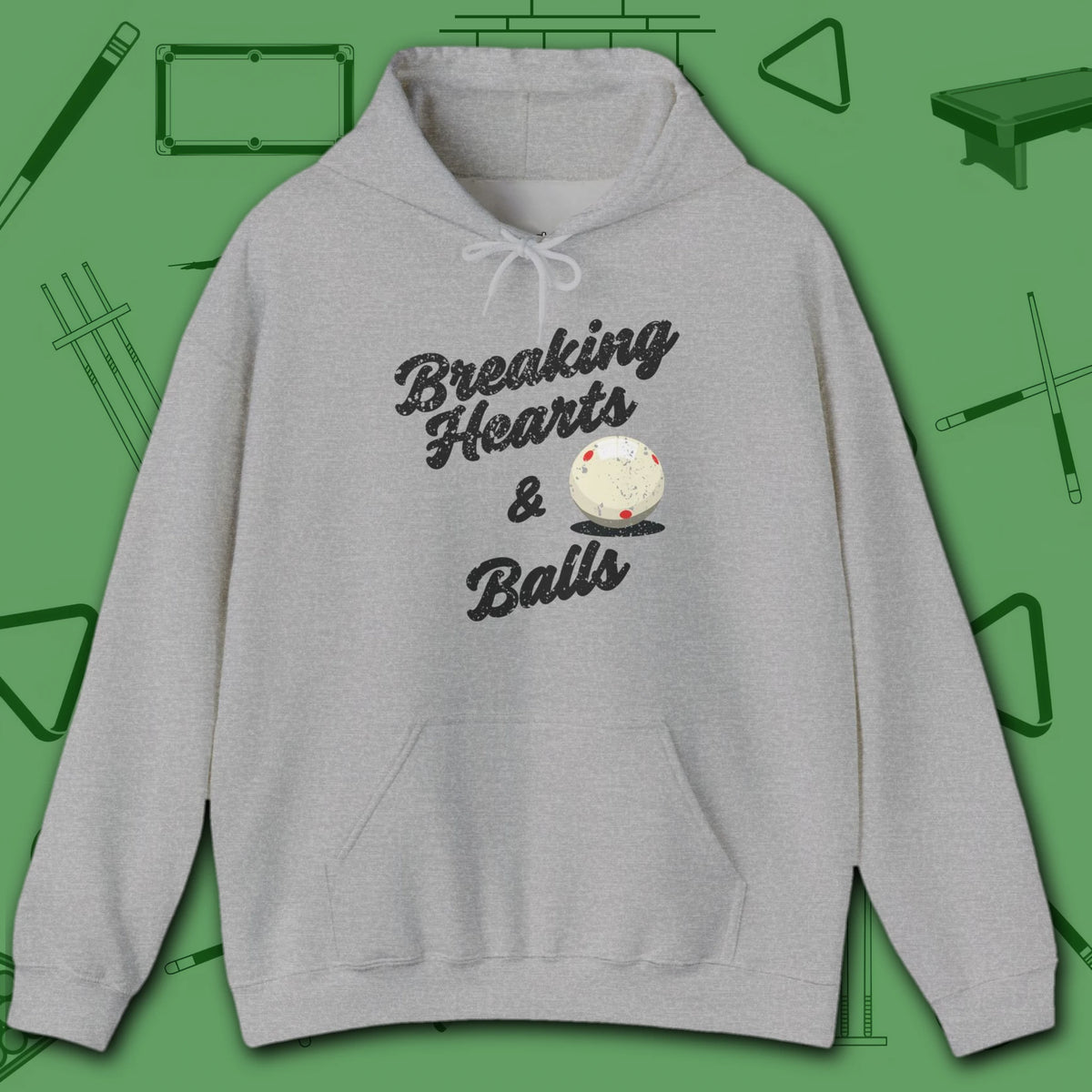 Breaking Hearts and Balls Hoodie, in Sport Grey color, billiards hoodie, front view
