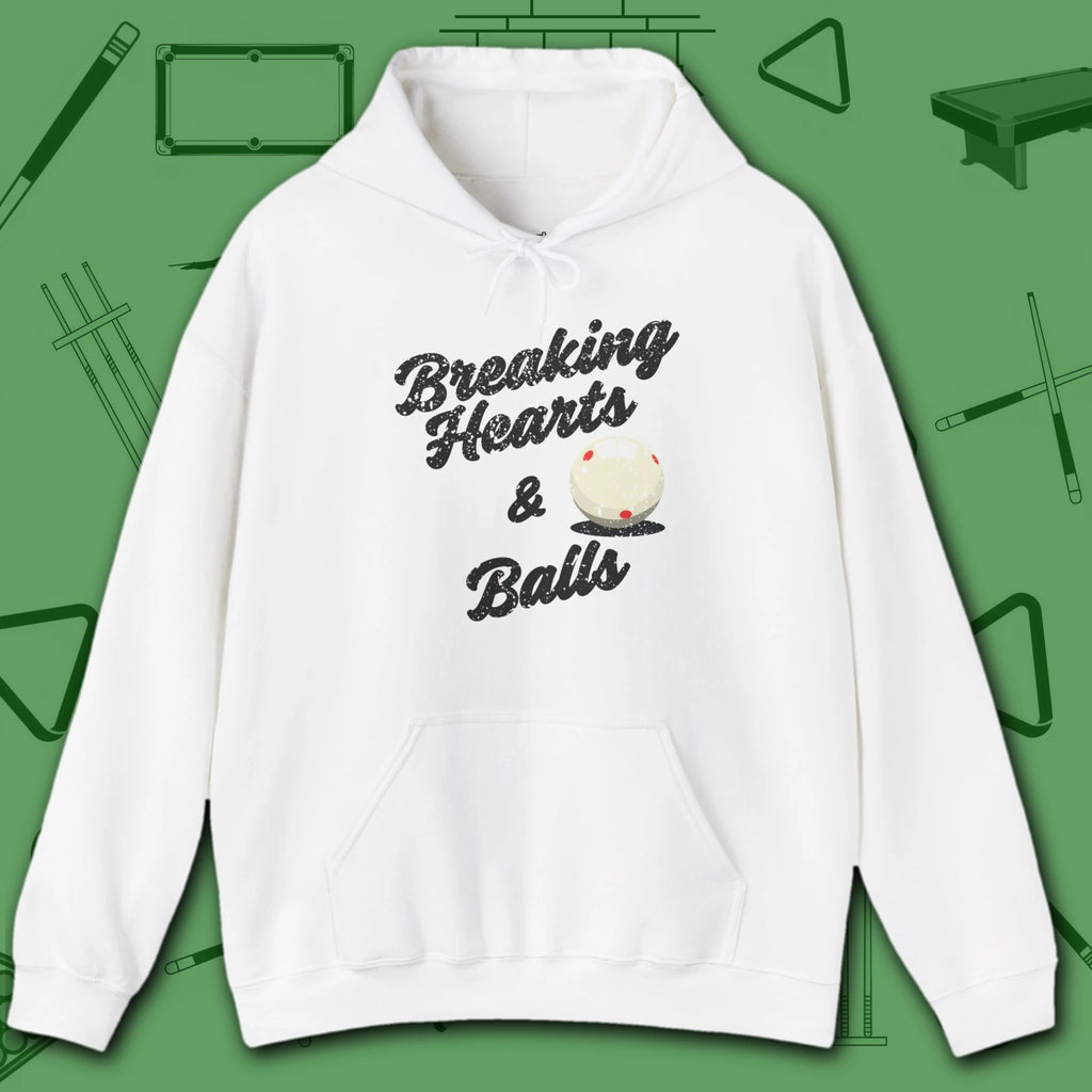 Breaking Hearts and Balls Hoodie, in White color, billiards hoodie, front view