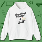 Breaking Hearts and Balls Hoodie, in White color, billiards hoodie, front view