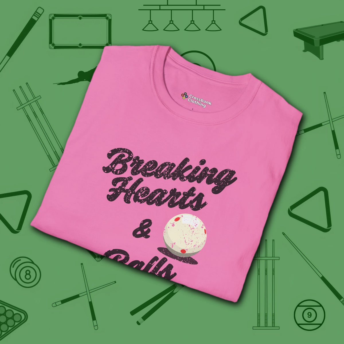 Breaking Hearts and Balls T-Shirt, in Azalea color, billiards shirt, folded view