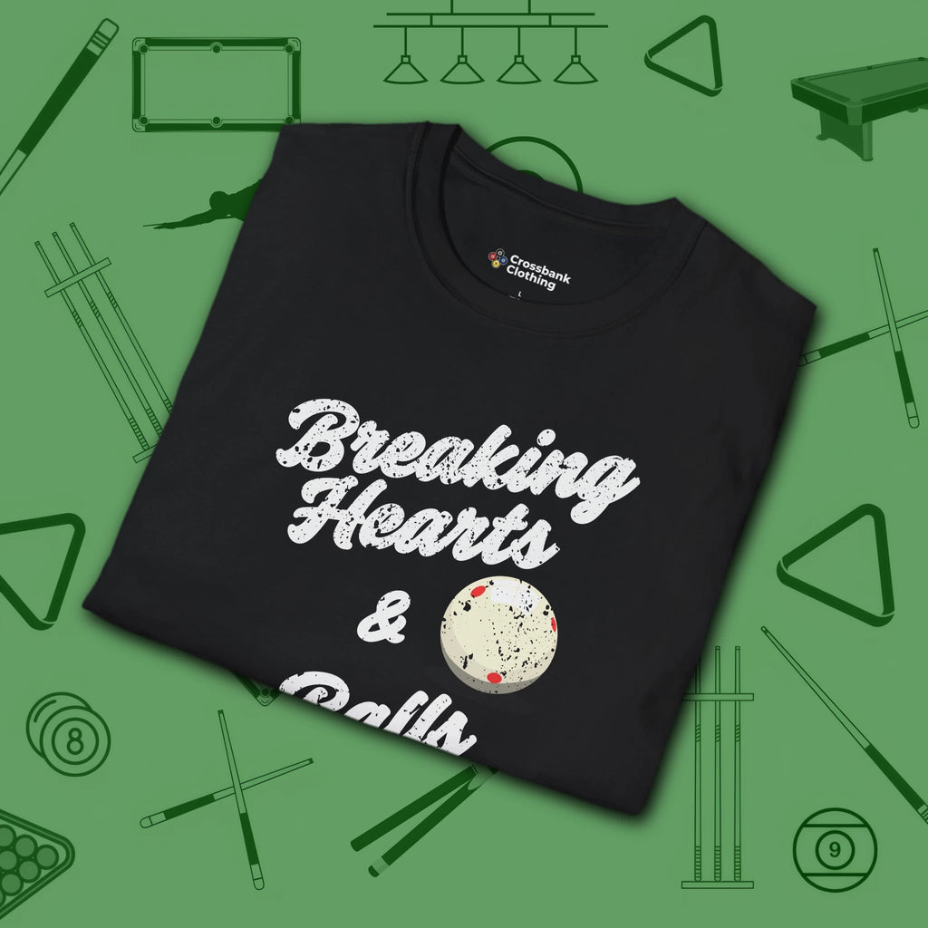 Breaking Hearts and Balls T-Shirt, in Black color, billiards shirt, folded view
