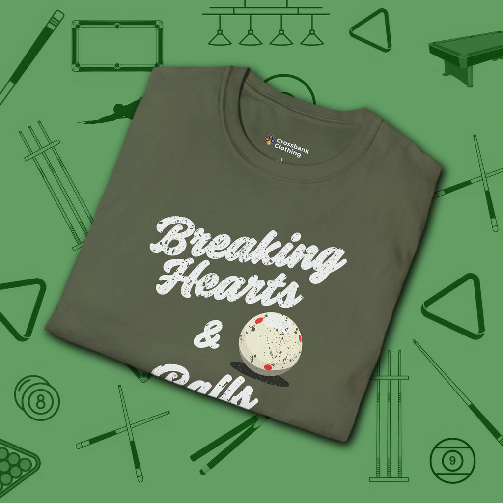 Breaking Hearts and Balls T-Shirt, in Military Green color, billiards shirt, folded view