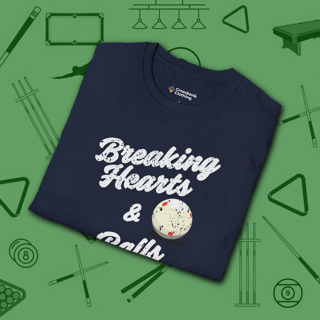 Breaking Hearts and Balls T-Shirt, in Navy color, billiards shirt, folded view