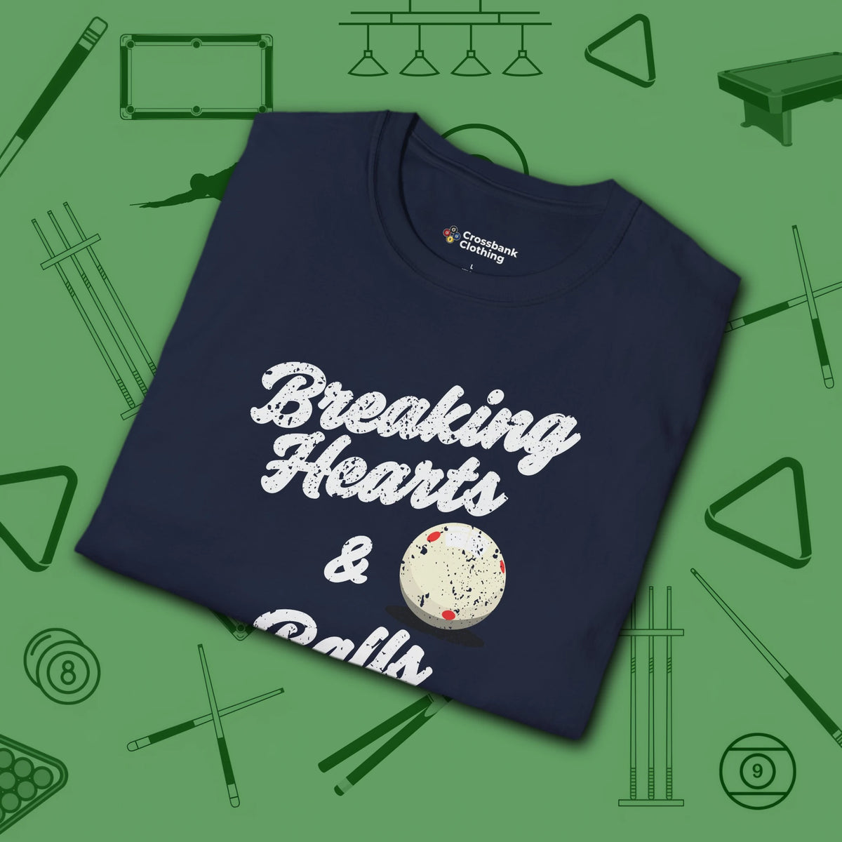 Breaking Hearts and Balls T-Shirt, in Navy color, billiards shirt, folded view