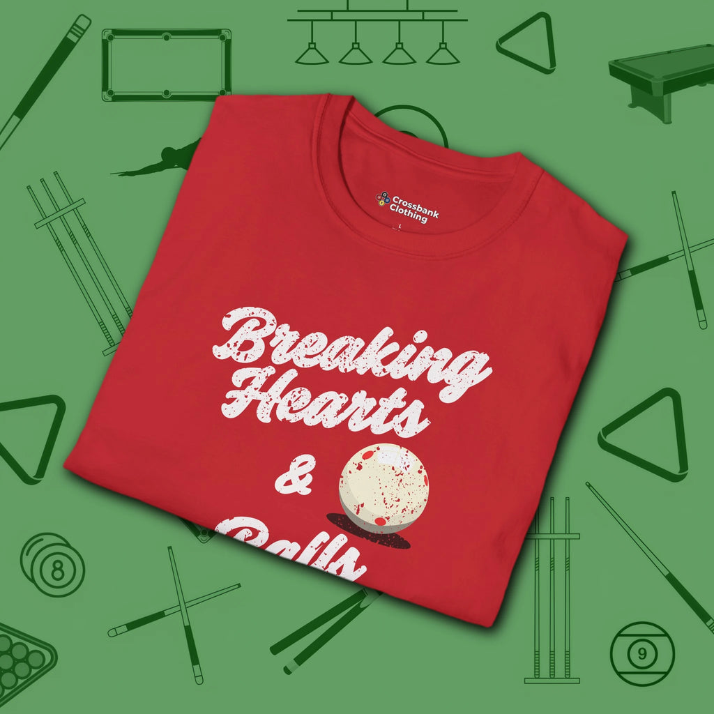 Breaking Hearts and Balls T-Shirt, in Red color, billiards shirt, folded view