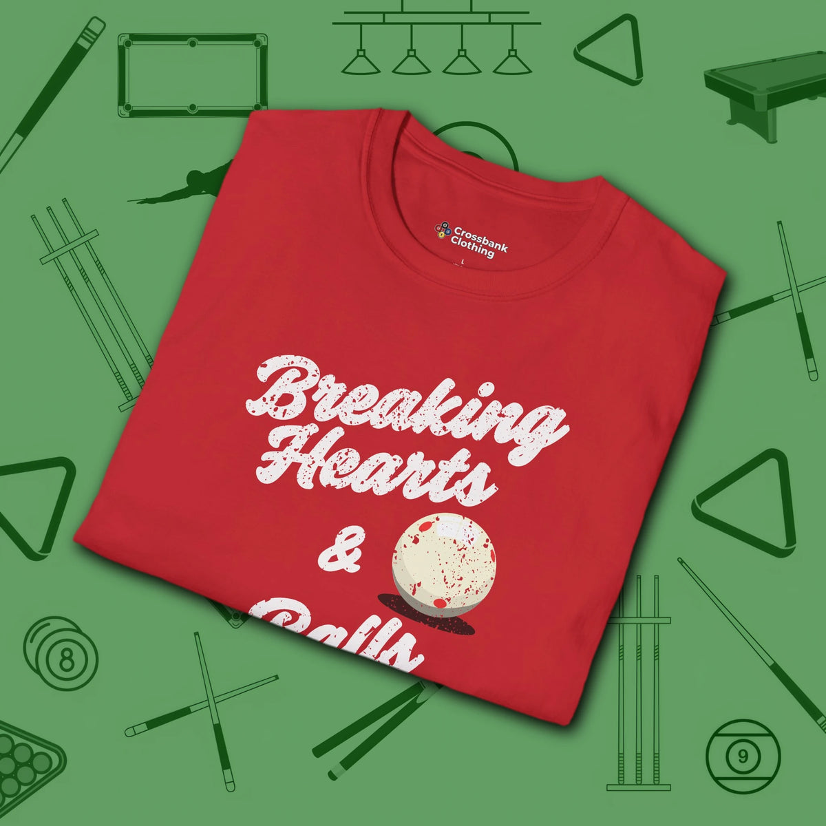 Breaking Hearts and Balls T-Shirt, in Red color, billiards shirt, folded view