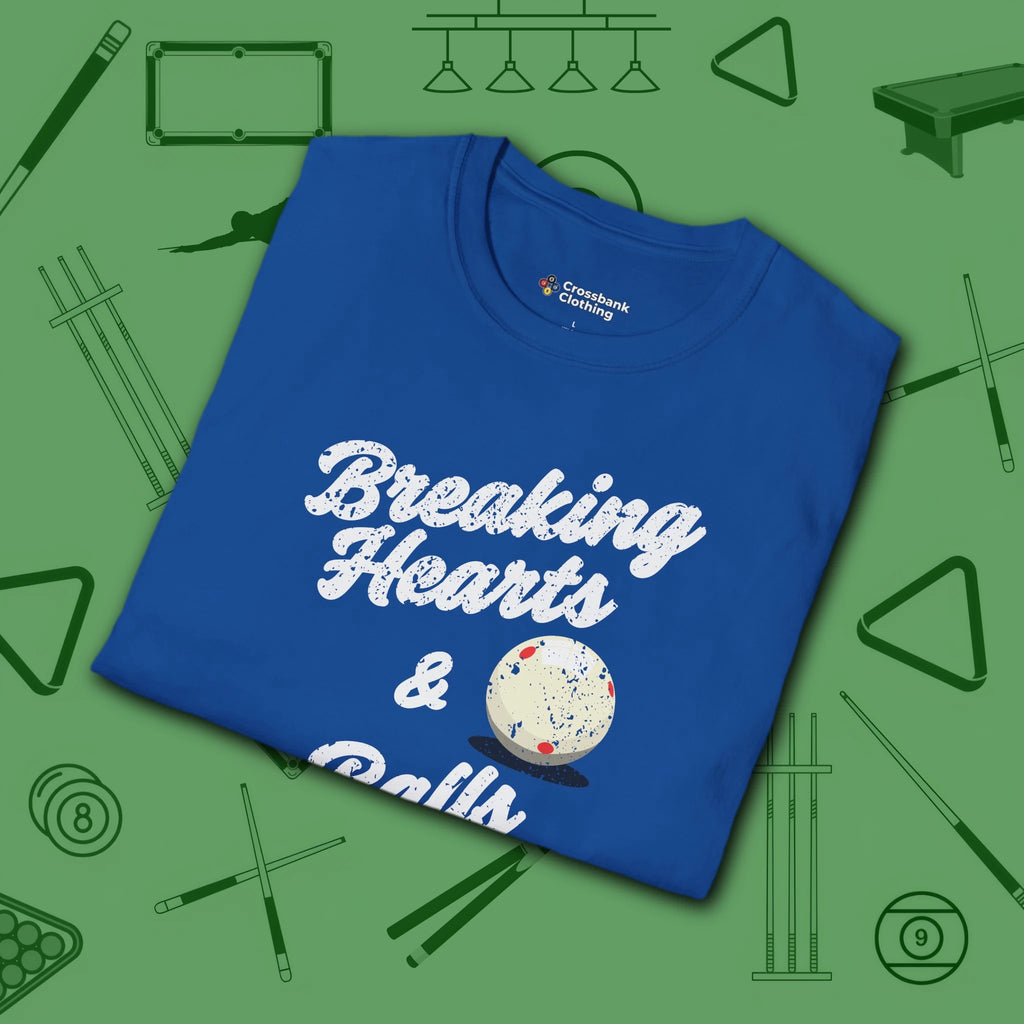 Breaking Hearts and Balls T-Shirt, in Royal color, billiards shirt, folded view
