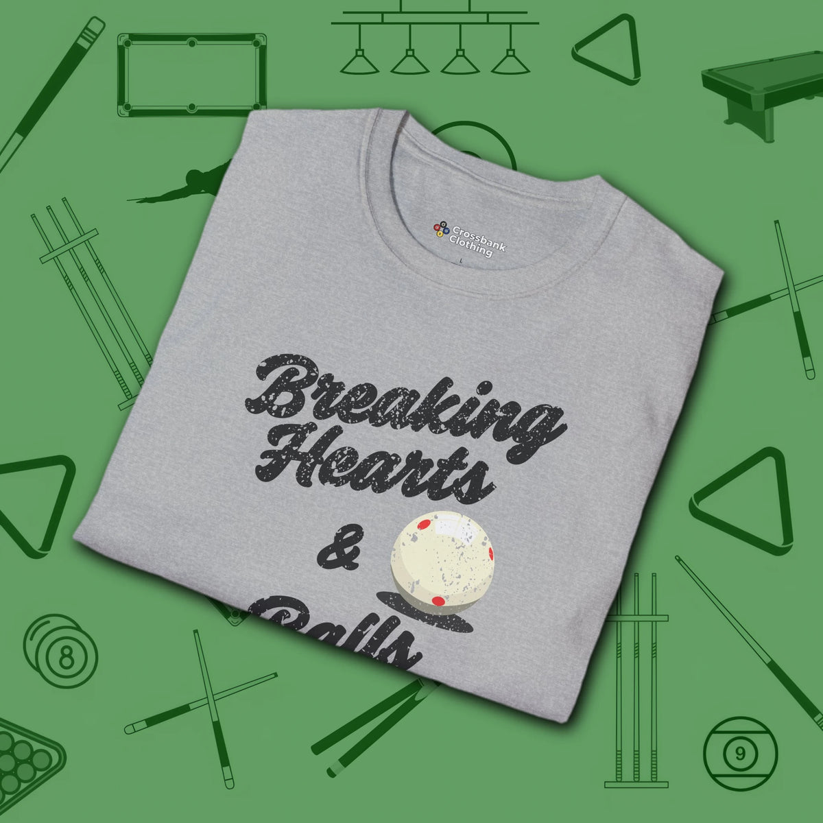 Breaking Hearts and Balls T-Shirt, in Sport Grey color, billiards shirt, folded view