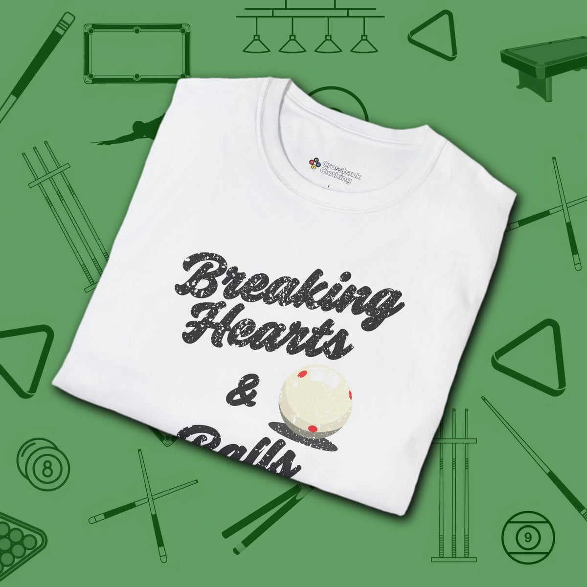 Breaking Hearts and Balls T-Shirt, in White color, billiards shirt, folded view