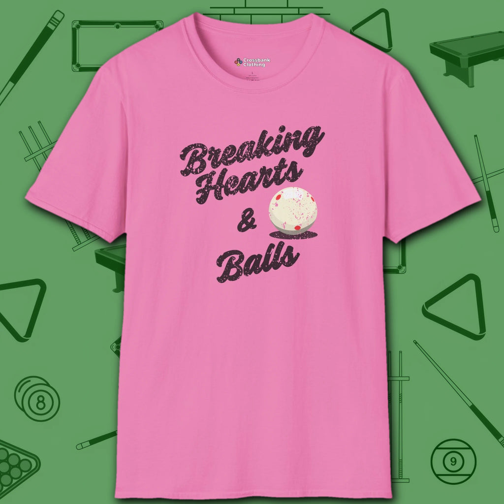 Breaking Hearts and Balls T-Shirt, in Azalea color, billiards shirt, front view