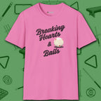 Breaking Hearts and Balls T-Shirt, in Azalea color, billiards shirt, front view